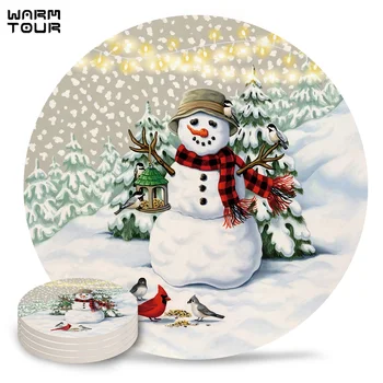 

4/6/8 PCS Winter Snowman Christmas Tree Placemat Ceramic Drink Coasters Table Decoration Absorbent Moisture