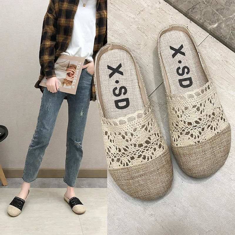 

2019 Spring New Style Cotton Linen Korean-style Flat Casual Closed-toe Slip-on Lazy Slipper Breathable CHIC Soft Girl Shoes