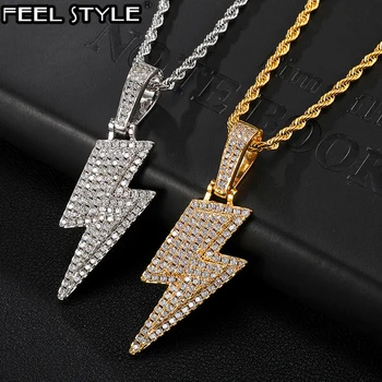 

Hip Hop Bling Iced Out Micro Paved CZ Lightning Pendants & Necklaces For Men Rapper Jewelry With Tennis Chain Solid Back