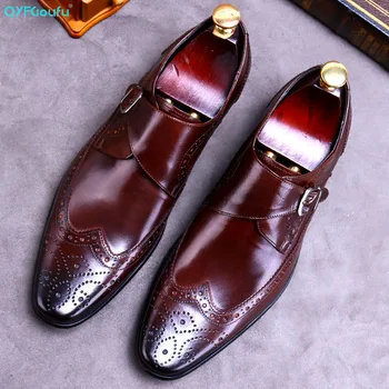 

QYFCIOUFU Autumn Genuine Leather Handmade Black Mens Loafers With Buckle Man Dress Shoes Wedding Moccasin Party Footwear