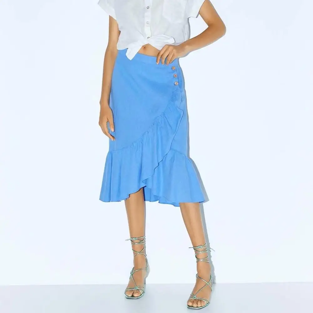 

Office Midi Blue Skirts Women Ruffle Single-breasted Irregular High-waist Cotton And Linen A-Line Skirt For Ladies