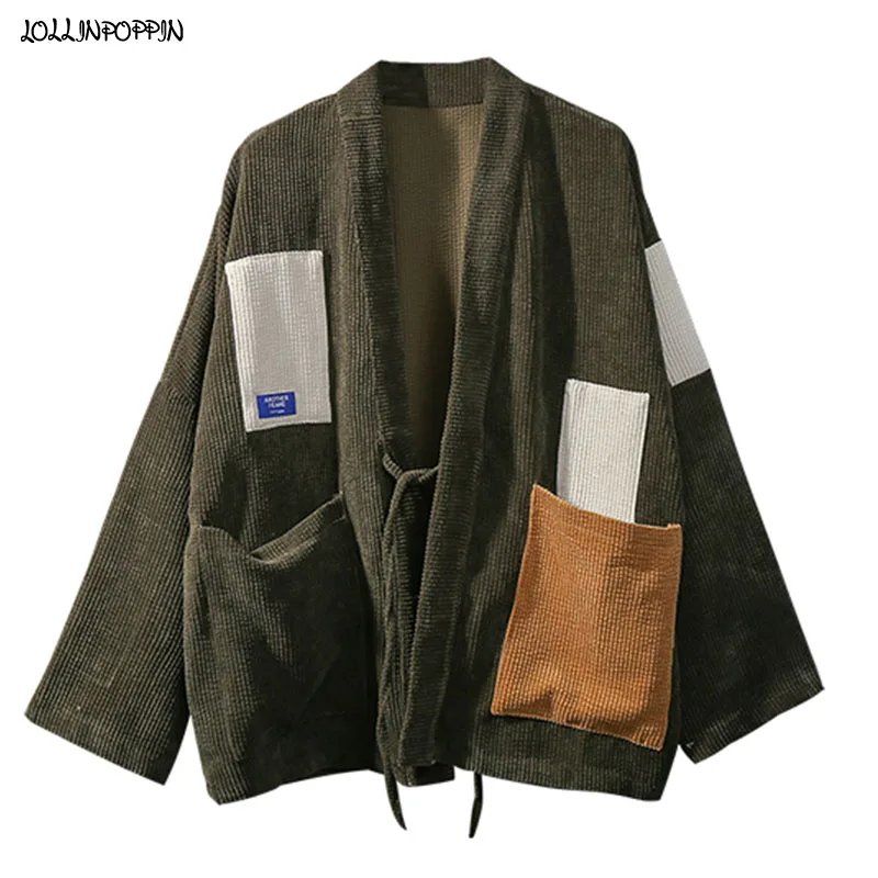 Japan Style Men Corduroy Kimono Jacket Color-blocking Patched Design Drop Shoulder Haori Oversize Loose Thin Coat | Мужская одежда