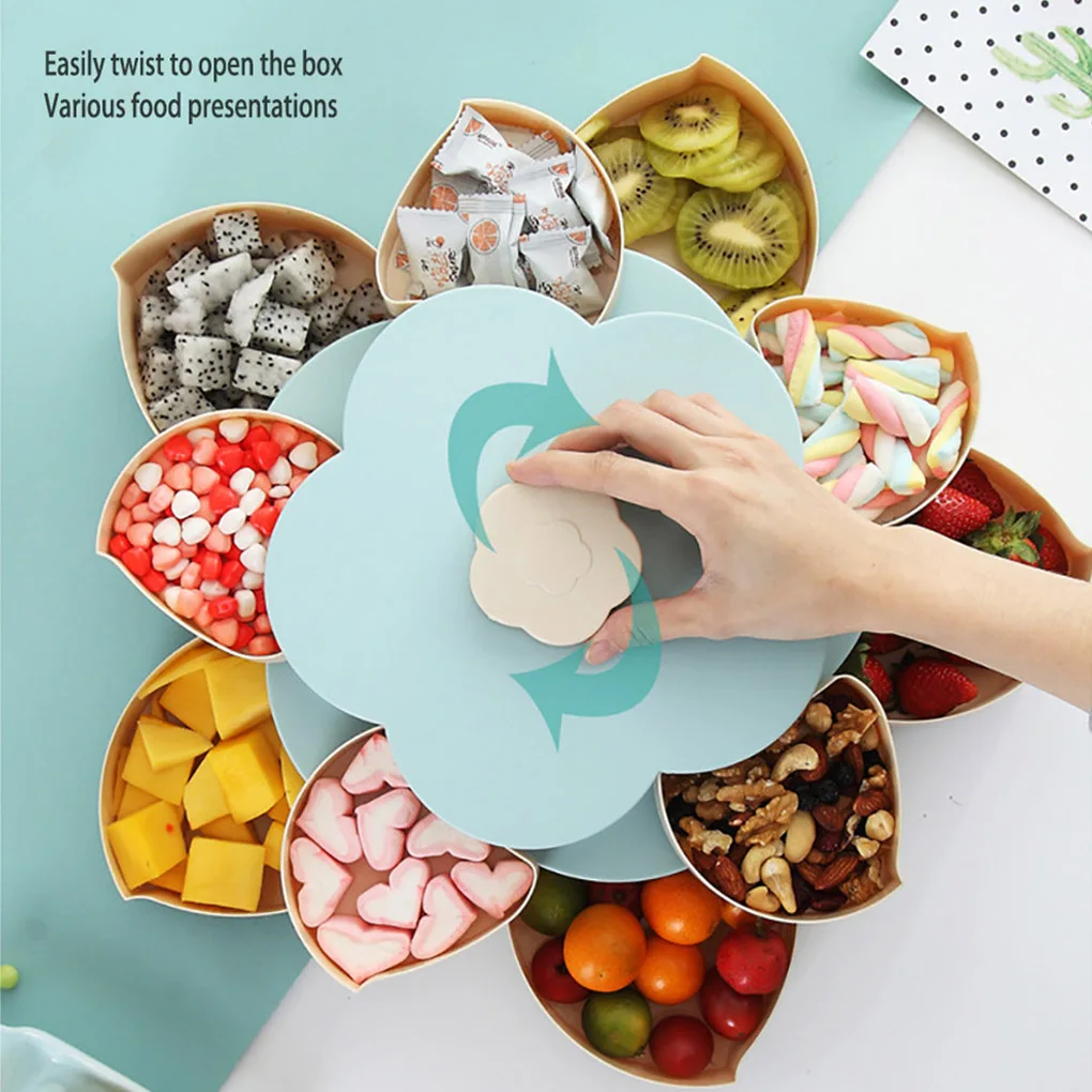 

Creative Rotating snack Box Plastic Petal Double Single Layer Fruit Plate Divided Snack candy Fruit nuts Bowl kitchen supplies