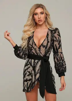 

Winter Fashion Sexy V Neck Mesh Sequins Women Dress 2020 Designer Elegant Evening Party Dress Vestido