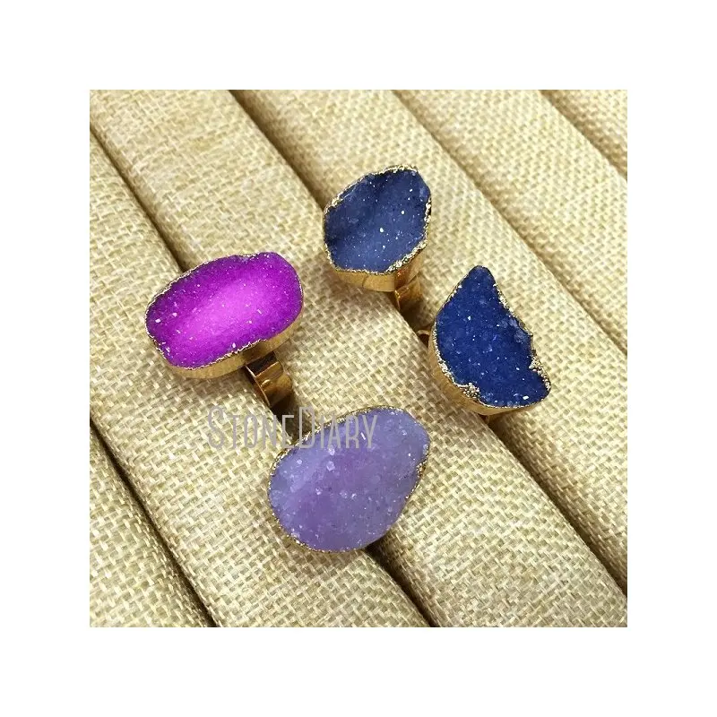 

RM330 5Pcs Fashion Random Color Agates Druzy Ring Gold Electroplated Irregular Shape Ring Adjustable