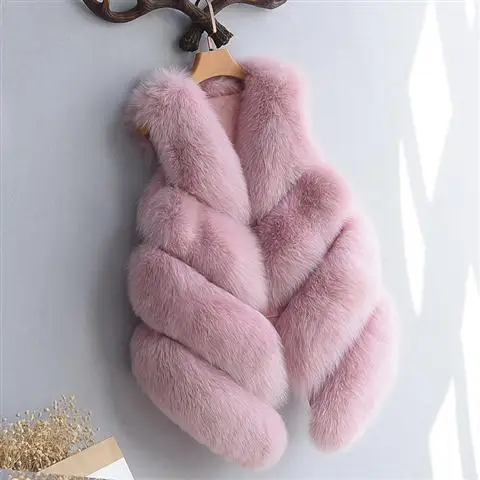 Модное пальто из искусственного меха без рукавов, зимнее пальто-жилет, Женское пальто на талии, искусственный жилет из лисьего меха, женская меховая куртка для дам