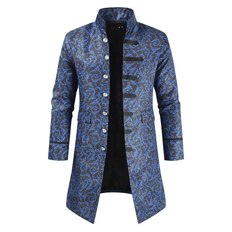 Blue Пальто в средневековом стиле, мужской Тренч с длинным рукавом, ретро принт, длинное пальто со стоячим воротником, мужская приталенная куртка Abrigos Modish - Цвет: Blue