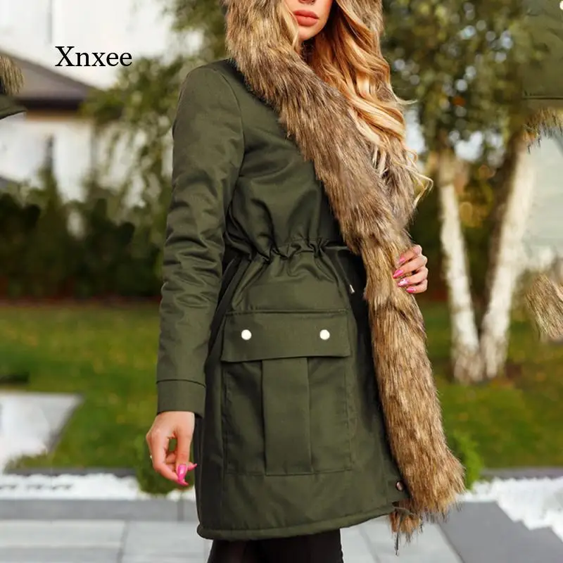 

2021 Autumn and Winter New Ladies Faux Fur Fashion Loose Hooded Jacket Coat Women Thick Fur Collar Solid Color Fur Coat
