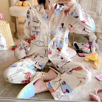 

2020 Hot Sale Cotton Pajamas Sets For Women Stylish Cartoon Pijamas Long Sleeves Long Pans Ladies Cute Pyjamas Casual Homewear