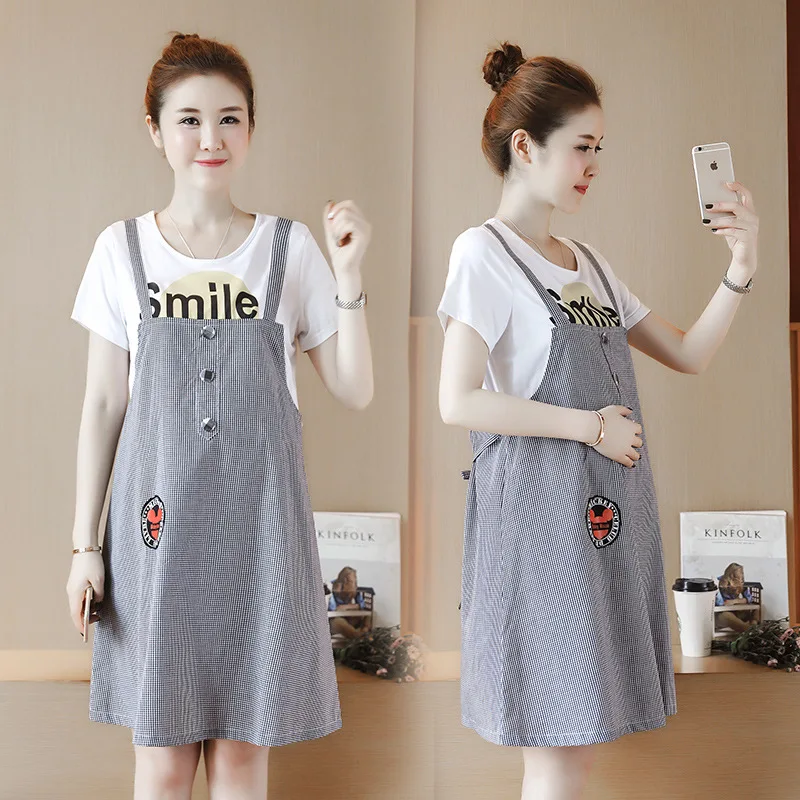 

Summer New Style Fashion Maternity Dress Loose-Fit Slimming Mid-length Fake Two-Piece Suspender Strap Dress