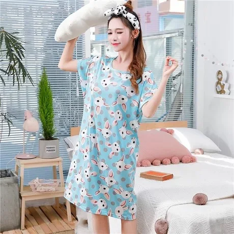 Платье для сна, женская ночная сорочка с короткими рукавами, летняя ночная рубашка розового цвета с милым кроликом и птицей, повседневная одежда для отдыха, пижама, Xl
