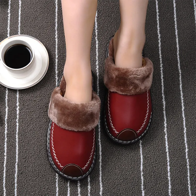 Женские домашние тапочки на плоской подошве; зимняя плюшевая женская обувь; прошитая обувь из искусственной кожи; Женская Повседневная Удобная обувь на платформе размера плюс