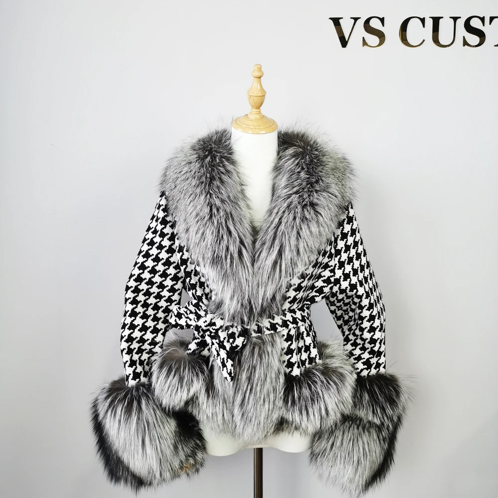 maxi puffer coat VISI HOP VS4301 Luxury Wool Coat Winter Fashion Lattice Real Fox Fur Houndstooth Thick Warm Fluffy Outerwear Jacket long bubble coat