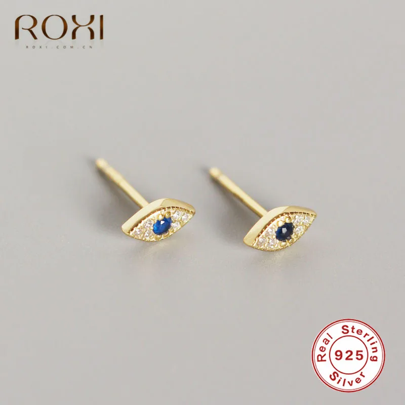 Серьги ROXI в стиле панк «злые глаза», 925 пробы, серебряные мини циркониевые голубые глаза, маленькие серьги-гвоздики для женщин, корейские ювелирные изделия - Окраска металла: E839A-Gold
