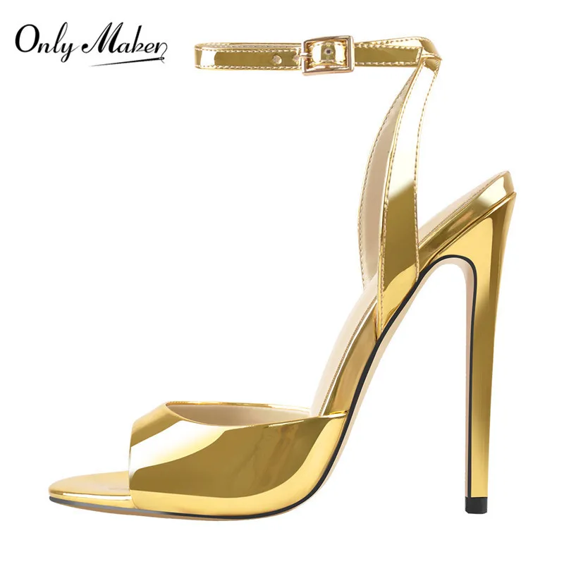 

Onlymaker Women's Gold Peep Toe 12CM Thin High Heels Pumps Sandals Ladies Buckle Strap Open Toe Big Size Summer Stiletto Sandals