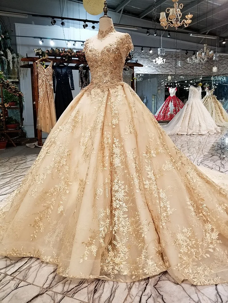 Роскошные вечерние платья золотого цвета, бальное платье, пышное кружевное платье с аппликацией из бисера и кристаллов, настоящая фотография, вечерние платья DW08