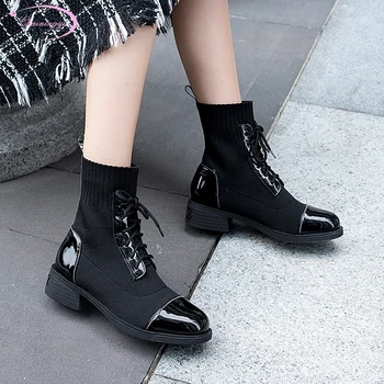 

British college style paint round toe ankle boots knitting lace-up black low heel thick with motorcycle boots women's shoes