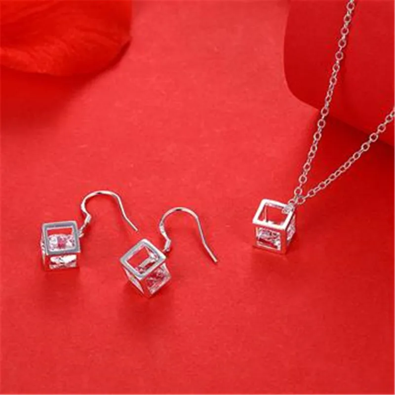 Fashion Fine Jewelry 925 Sterling Silver Square Crystal Earrings and Pendant Neckalce Jewelry Sets Women Engagement Best Gift