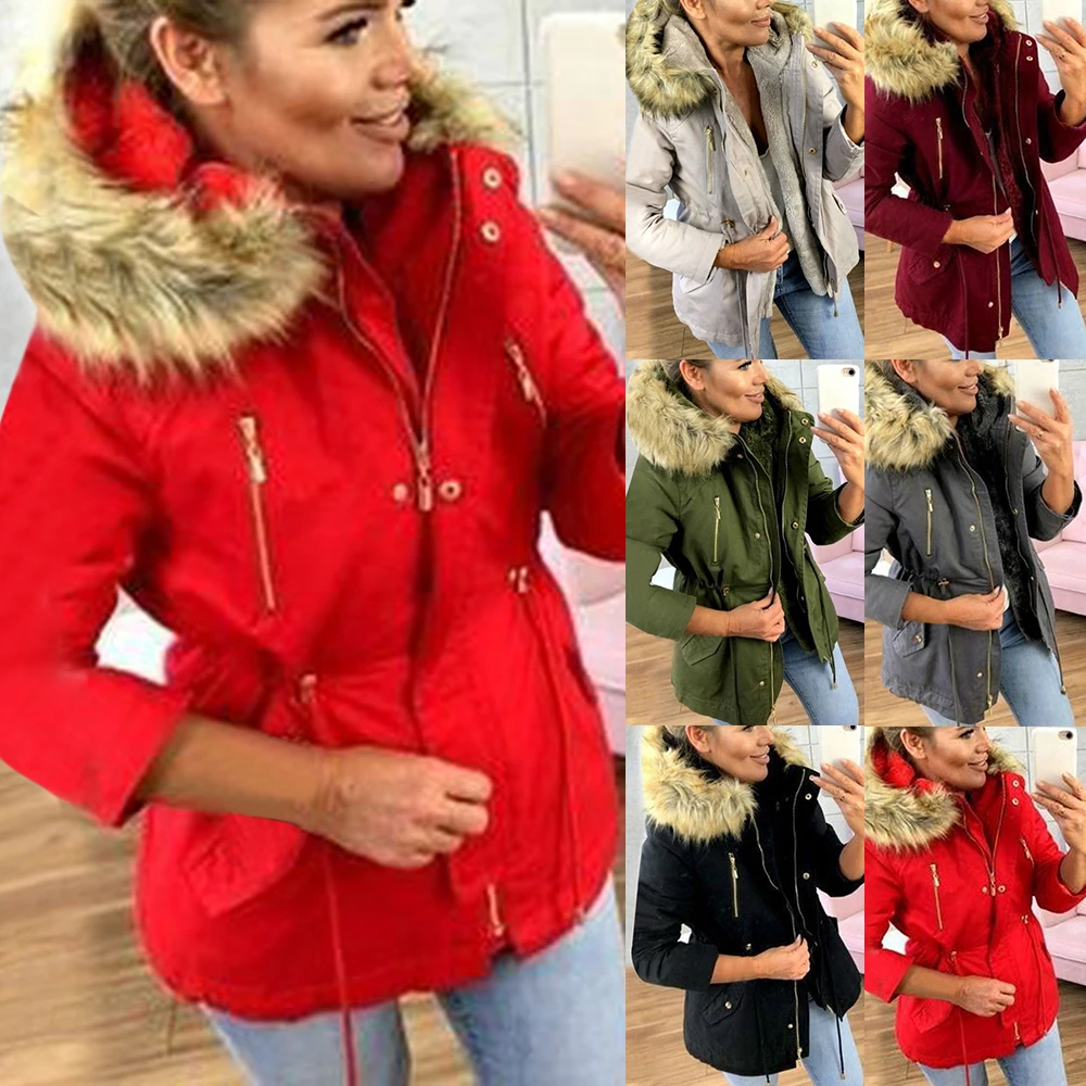 Litthing Winter Jacket Women Big Hooded Fur Collar Thick Coat Outwear Female High Waist Solid Parka Overcoat Streetwear | Женская одежда