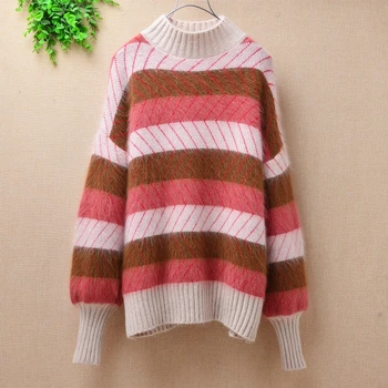 

Women winter thicken warm small size hairy mink cashmere slim o-neck angora rabbit fur long sleeves patch pullover sweater
