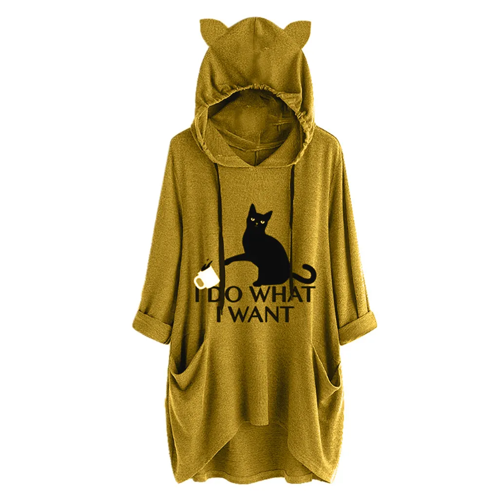 Jaycosin Women Casual Print Cat Ear Hooded Long Sleeves Pocket Irregular Casual Cool Chic New Look Pullover Tops Blouse