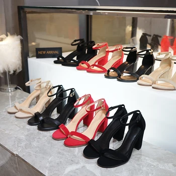 

2020 summer new one-word buckle sandals female thick heel open toe temperament high heels leather women shoes