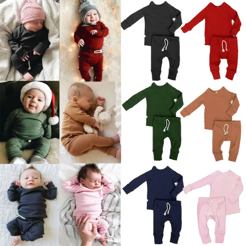  Unisex Baby Sleepwear Set Solid Color Tops + Pants Outfits Pajamas Infant Baby Boy Girl Sleepwear C