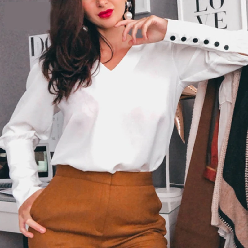 Женская Повседневная Блузка с v-образным вырезом и пуговицами сзади, модные белые топы с длинным рукавом и блузка, женские элегантные офисные рубашки