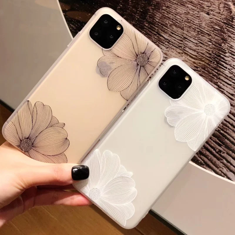 

Fashion Black White Lace Flower Case for iphone 7 8 6 6s Plus Silicone Matte Cover Cases for iphone 11 Pro XS Max XR Soft Coque