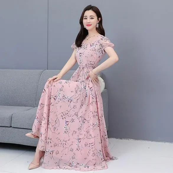 Yellow Pink Blue Flower Spring Dress Large Size Women Short Sleeve Floral Print Long Chiffon Dresses Swing Vestidos 4XL AE515 |