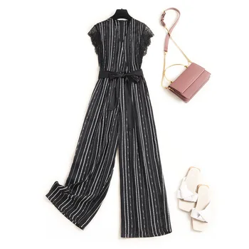 

Women elegant black striped rompers and jumpsuits summer 2020 patchwork lace short sleeve sashes sexy overalls beige