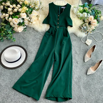 

2020 Summer New Women's Jumpsuits Single Breasted Sleeveless Ladies Slim Rompers Wide-leg Fashion Jumpsuits