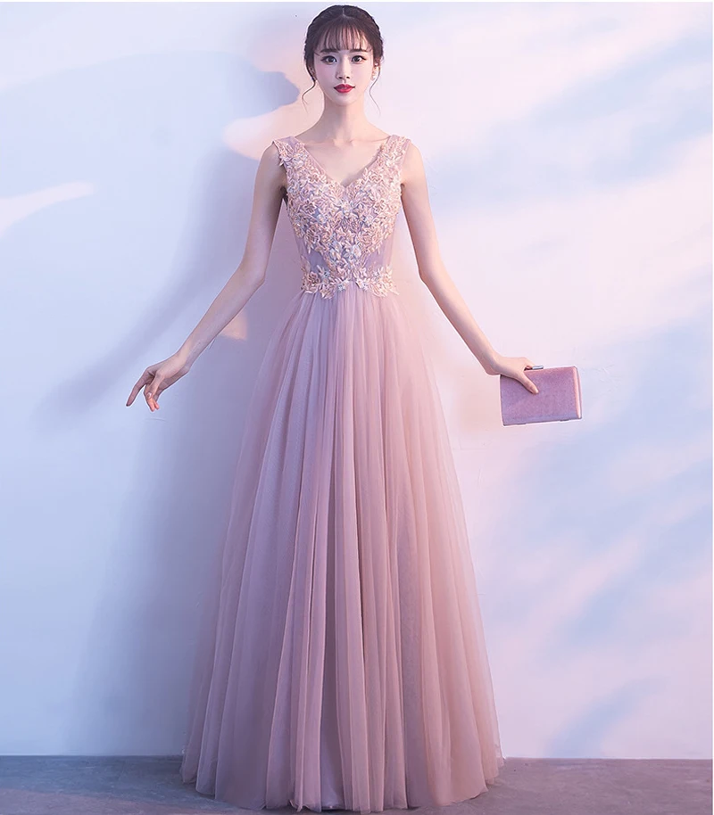 Vestido de festa милое Розовое Кружевное длинное вечернее платье с v-образным вырезом Вечерние платья для выпускного с жемчугом