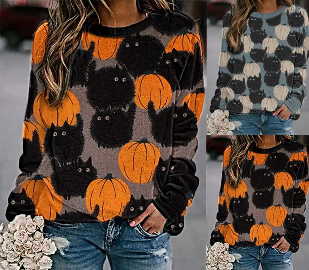 

Halloween Tops Sweatshirt For Women Spring Autumn Long Sleeve Pumpkin Black Cat Printed Pullover Shirt For Females Sports Tops