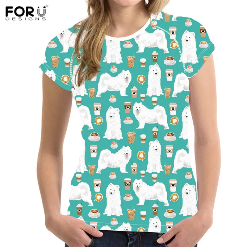 FORUDESIGNS Kawaii Samoyed щенок печатная Футболка для женщин Летняя женская футболка с