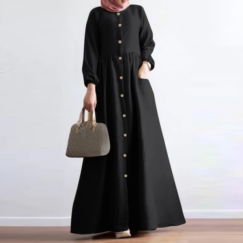 Solid Color Plus Size Loose Long Skirt Muslim Long-Sleeved Dress Casual Temperament Women