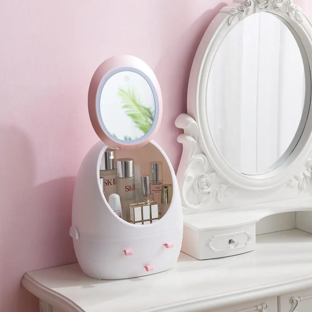 

USB Cosmetic Storage Box with LED Light Makeup Mirror Cosmetics Skin Care Products Drawers Holder Portable Organizer Container