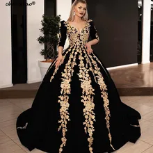 Длинные вечерние платья великолепное бальное платье 34 с длинным рукавом v-образным вырезом арабское Золотое кружевное бархатное Черное женское вечернее платье