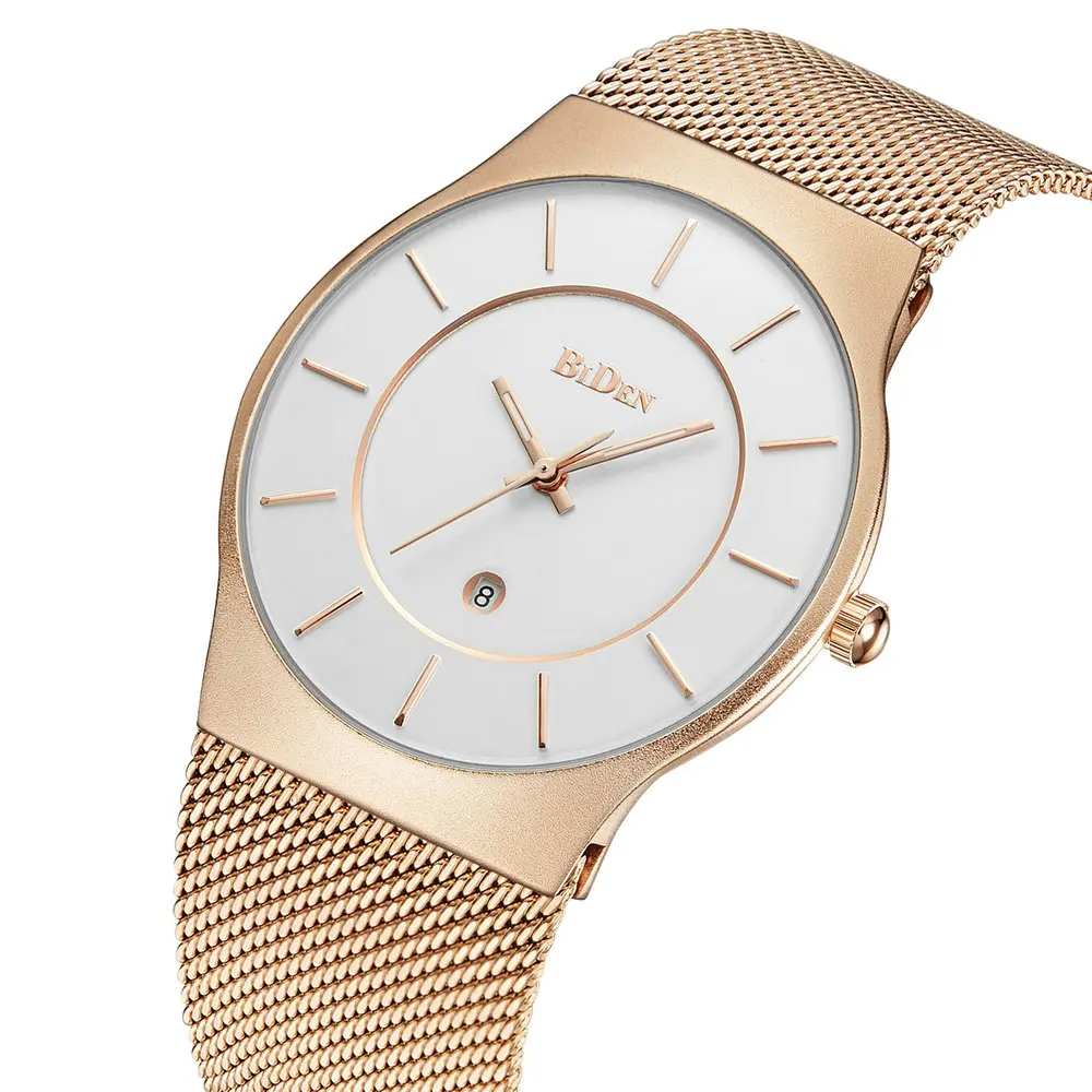 

Luxury Brand BIDEN Watch Men 2019 New Fashion Casual Quartz Watches Rose Gold Ultra Thin Mesh Strap Auto Date Display Male Clock