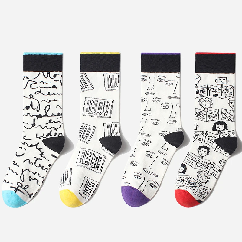 

Harajuku Abstract Socks Japanese Simple Cartoon Abstract Eye Read Newspaper Barcode Text Pattern Breathable Socks Female