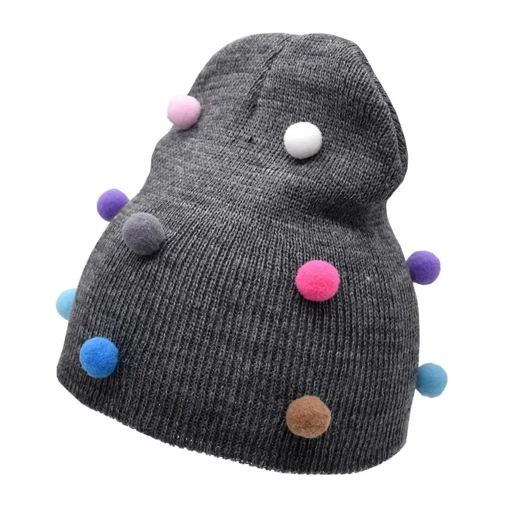 Головные уборы; Детские шапки для девочек; Детские шапки для новорожденных мальчиков и девочек; хлопковая шапка; вязаный шарик; теплые детские шапки; czapki dla dzieci#4S4 - Цвет: Темно-серый