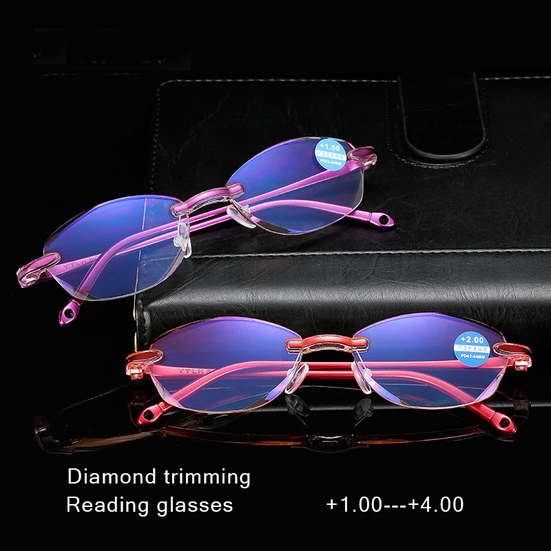

Anti blue light Rimless Reading Glasses Women Non-Border Prescription Frameless Eyeglasses +1.0 +2.0 +3.0 +4.0 Diopter 401