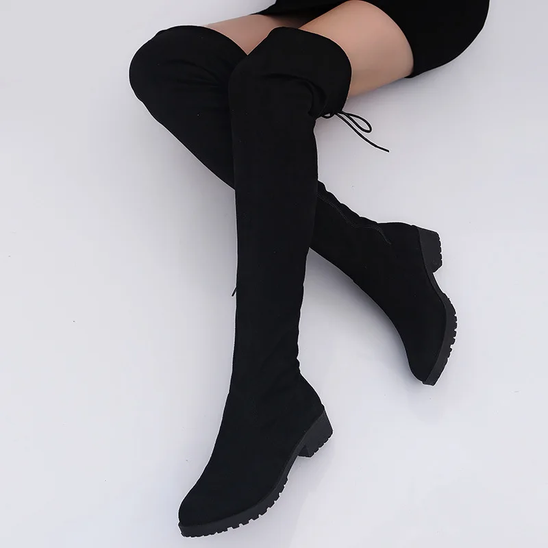 Loveontop Women Over Knee Boots Platform Long Reed Leather Square Heel Plate Form Boots Keep Warm Plush Winter