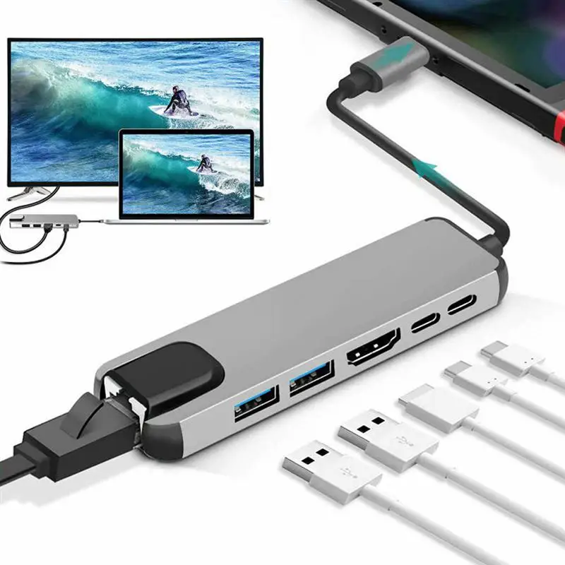 

6in 1 Type-C to RJ45 Gigabit Lan Ethernet HDMI Adapter Card Reader USB-C USB 3.1 for MacBook Samsung Huawei