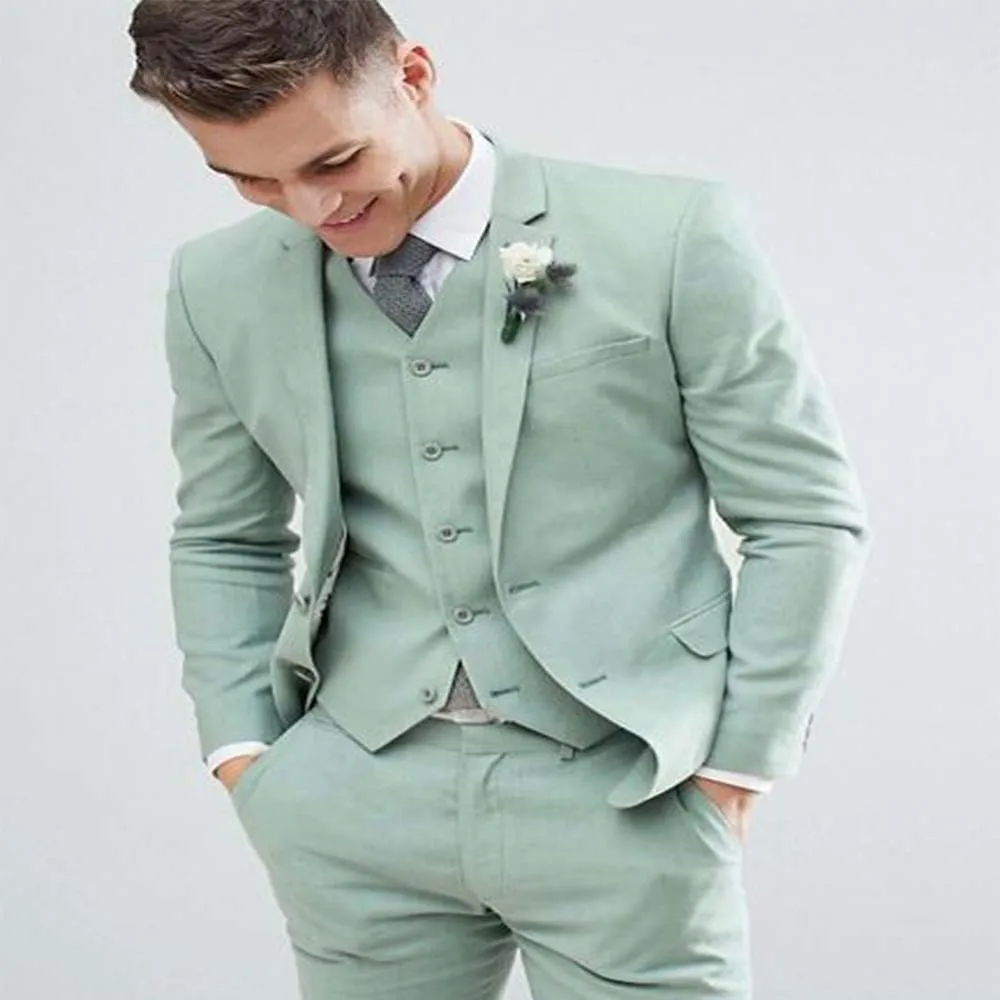 

Men's Suits 3Pcs Blazer Trousers Slim Fit Business Clothing Groom Green Serge Fabric Tuxedo for Formal Wedding Jacket Pants Vest