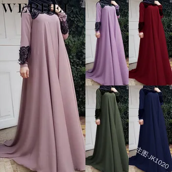 

WEPBEL Women Long Maxi Dress Abaya A Line Full Sleeve Muslim Autumn Fashion Islamic Floral Flower Ladies Dresses