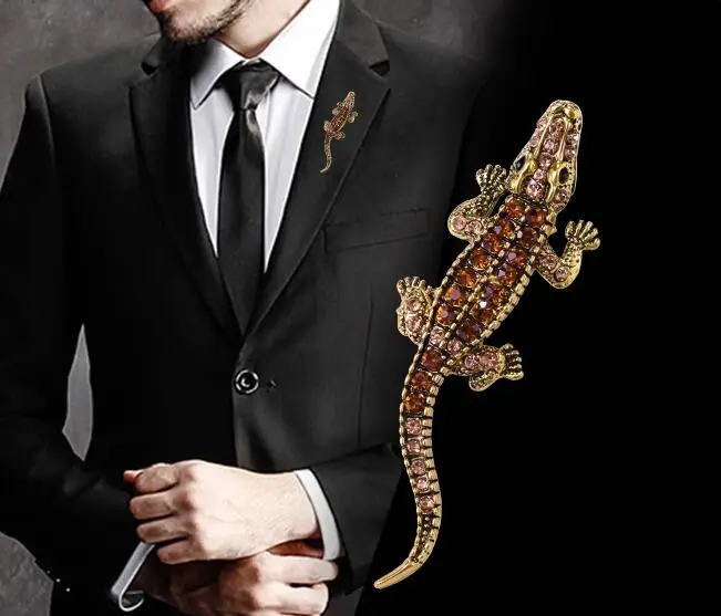 Gold Silver Metal Crocodile Rhinestone Brooch Animal Pins Trendy Jewelry for Women Crystal Alligator Brooch Party Accessories