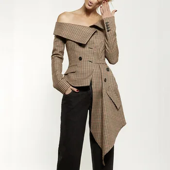 

Brand Women's Small Suit Female 2020 Season Plaid Strapless Irregular Hem Coat