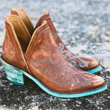 Miaoguan Otoño e Invierno Casual occidental vaquero tobillo Botas de cuero de las mujeres bota de vaquera corta cosacos Botas Zapatos de tacón alto zapatos de Mujer