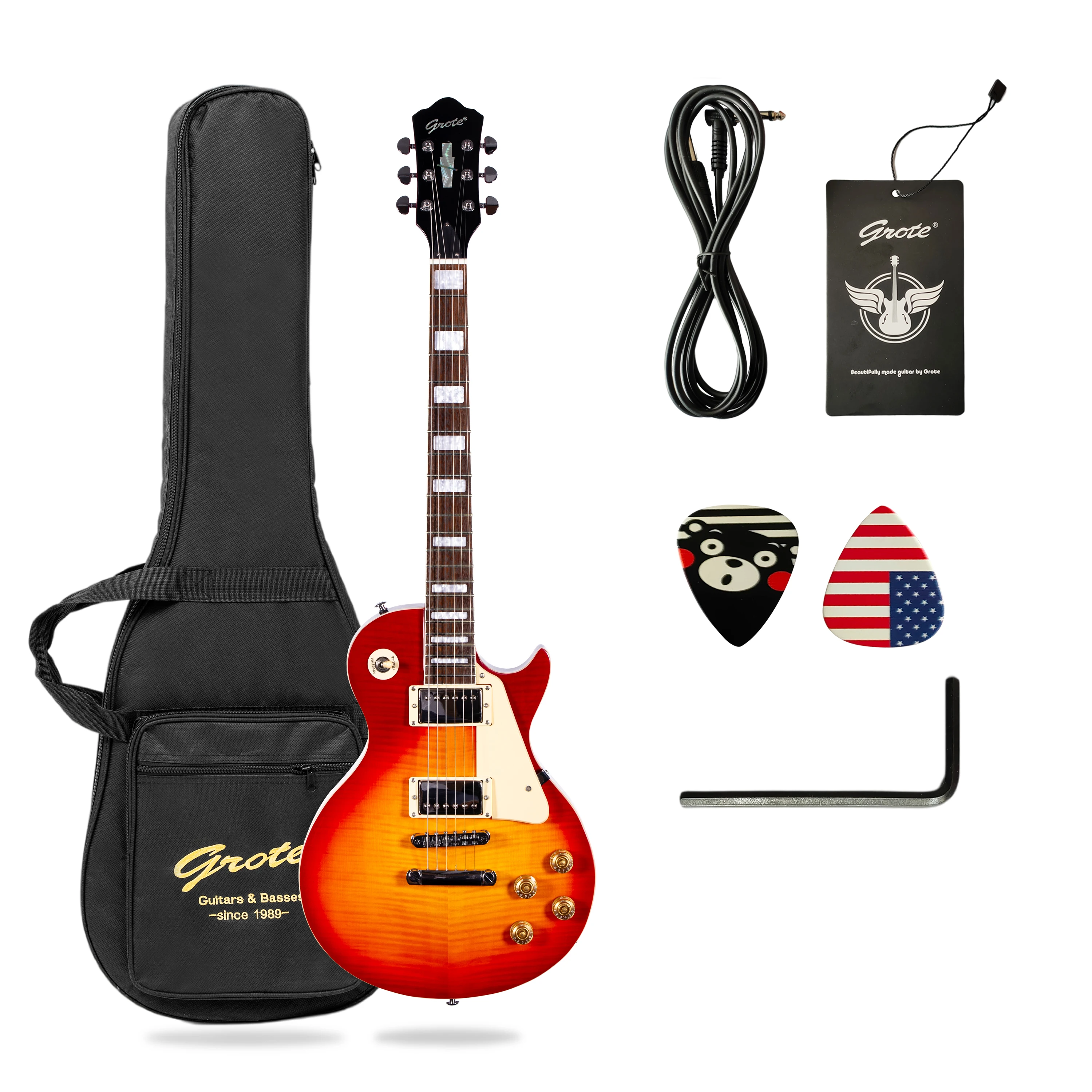 Grote Guitar Lp Style Quilted Maple Top Veneer Solid Body Electric Guitar With Gigbag Picks